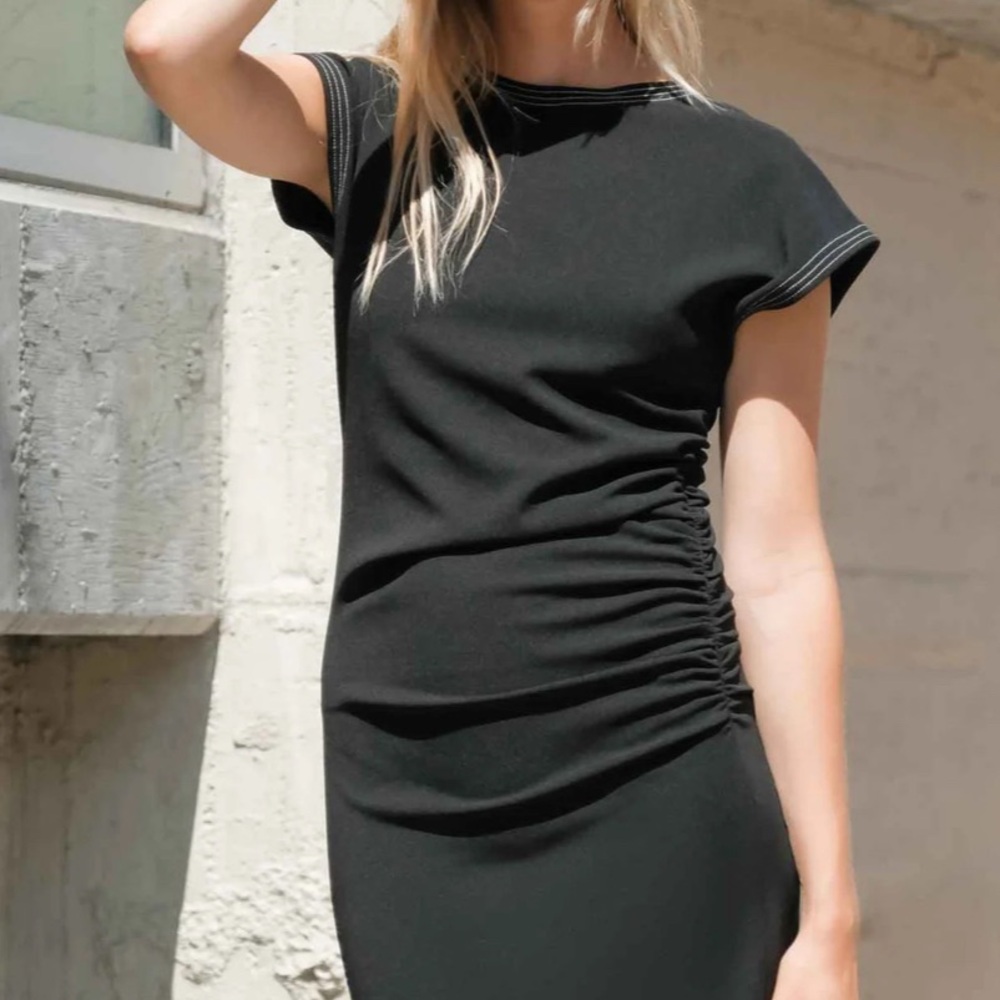 Modern Citizen Vela Contrast-Stitch Ruched-Waist Dress (Petite) Size S Black NEW